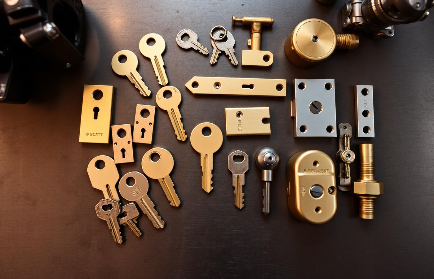 Brass key blanks and lock cylinder components on a steel workbench